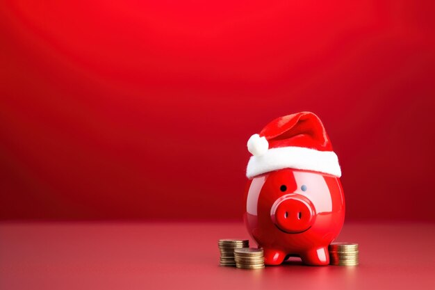 Piggy bank con sombrero de Papá Noel y monedas en un fondo rojo festivo AI generativa