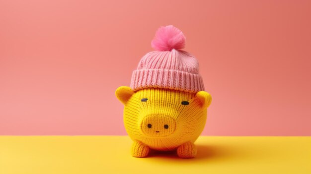 Piggy bank con un sombrero de punto con un pompom en la parte superior contra un fondo rosado vibrante