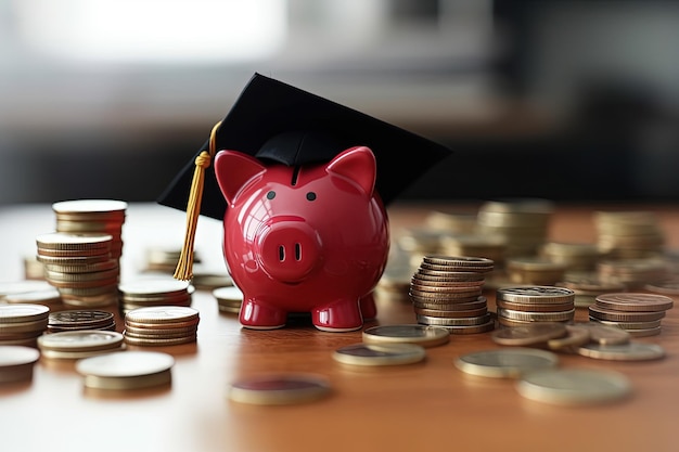 Foto piggy bank vermelho em chapéu de formatura em moedas poupanças para investimento em educação e bolsas de estudo