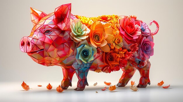 Foto piggy é o signo do zodíaco chinês um gráfico de baixo poli representando um porco colorido no estilo tradicional chinês