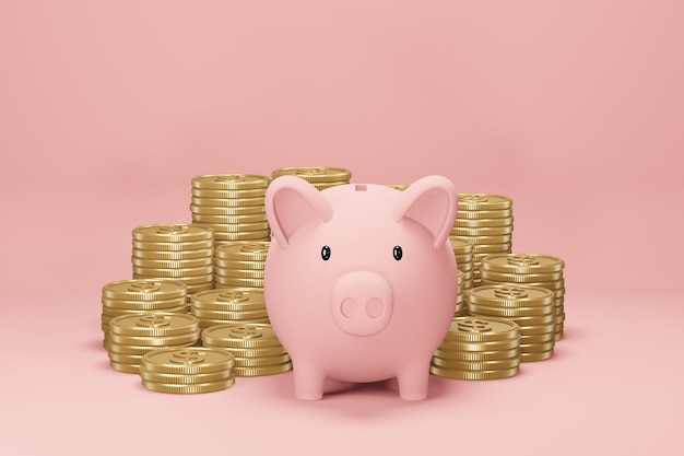 Piggybank e moedas de dólar de ouro sobre fundo rosa