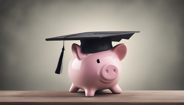 Foto piggybank con tapa de graduación en el fondo de la pizarra