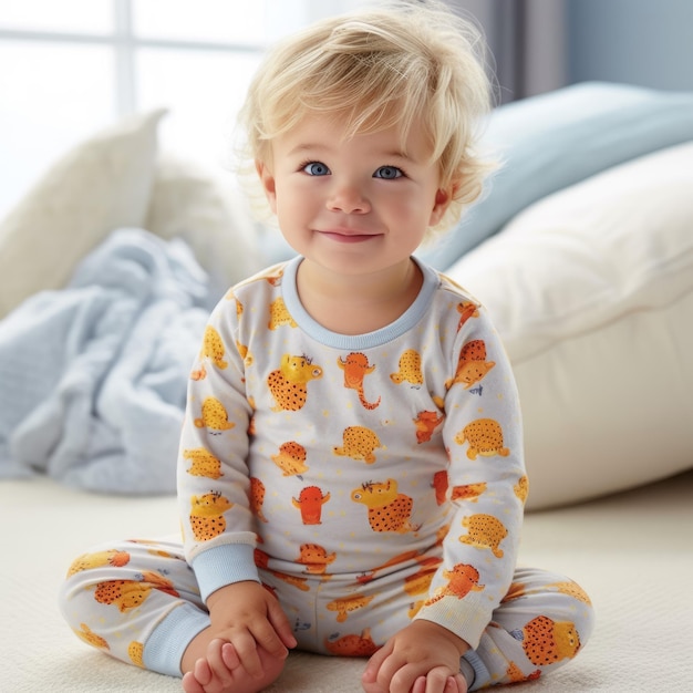 Pijama de criança de 3 anos, adorável e adorável, feliz, sentado na cama, depois de dormir, alegre, sorrindo