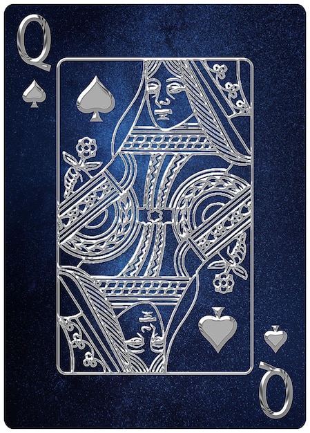 Pik-Königin Spielkarte, Raumhintergrund, Gold-Silber-Symbole, mit Beschneidungspfad.