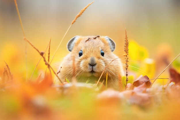 Pika fofinho em meio a cores de outono com carga de grama