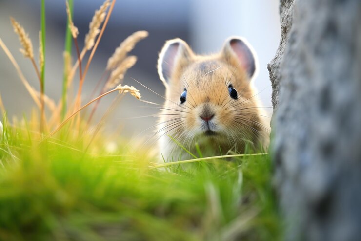 Foto pika na entrada da toca com grama na boca