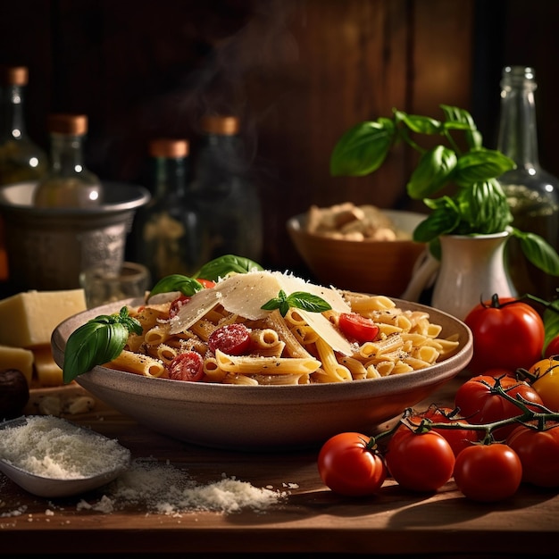 Pikante Spaghettiriegel Ein köstliches Mittagsgericht mit Tomaten und Sauce