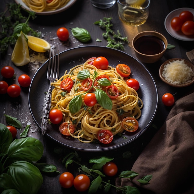 Pikante Spaghettiriegel Ein köstliches Mittagsgericht mit Tomaten und Sauce