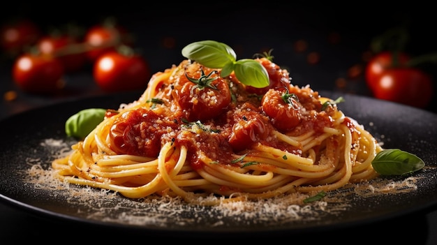 Pikante Spaghettiriegel Ein köstliches Mittagsgericht mit Tomaten und Sauce