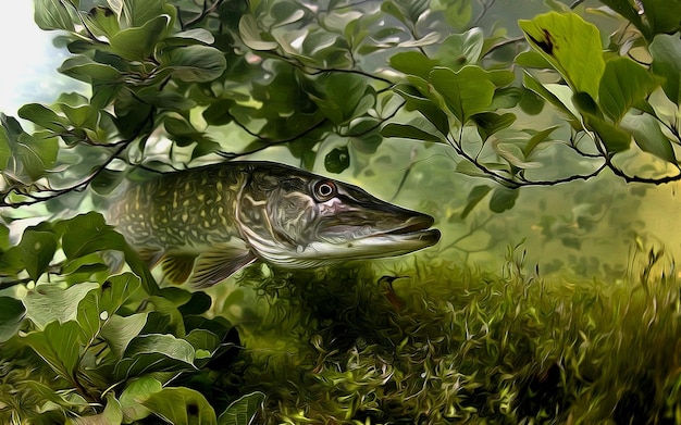 Pike à espreita nas algas do rio