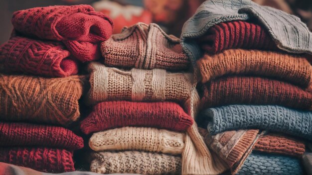 Una pila de acogedores suéteres de punto de otoño invierno concepto de suéteros de lana de punto