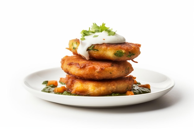 Pila de aloo tikki en un plato con un fondo blanco.