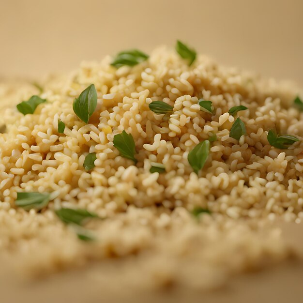 una pila de arroz con un montón de albahaca verde en la parte superior