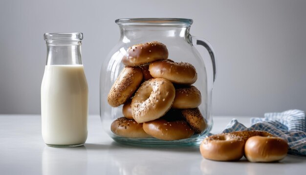 Foto una pila de bagels en un frasco de vidrio con una botella de leche