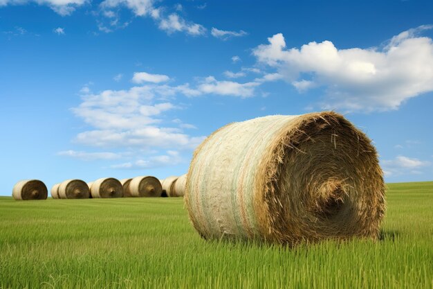 Una pila de balas de heno en un campo verde con un cielo azul en el fondo