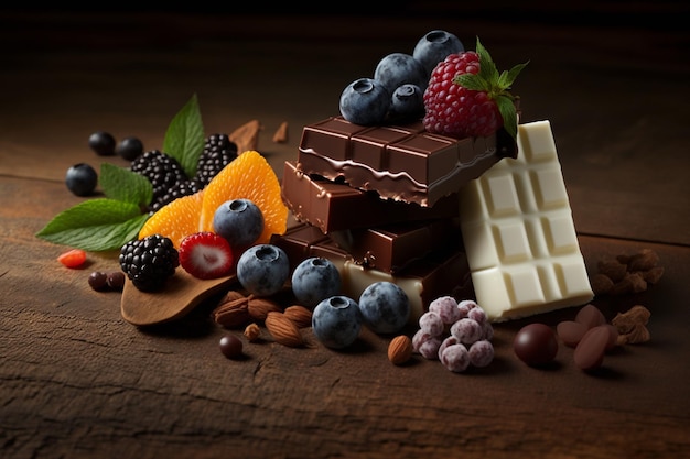 Una pila de barras de chocolate y bayas en una mesa