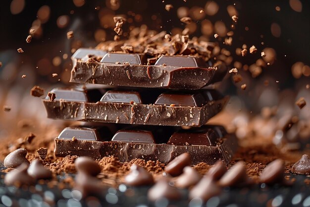 una pila de barras de chocolate con gotas de chocolate en la parte superior