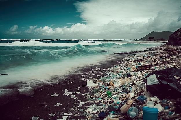 Una pila de basura plástica contra un océano azul IA generativa