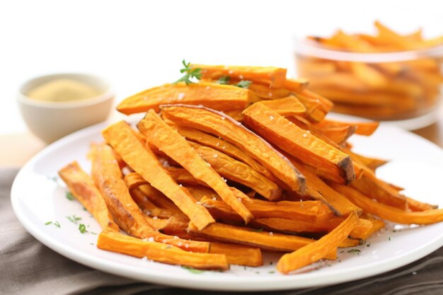 Pila de batatas fritas en un plato blanco