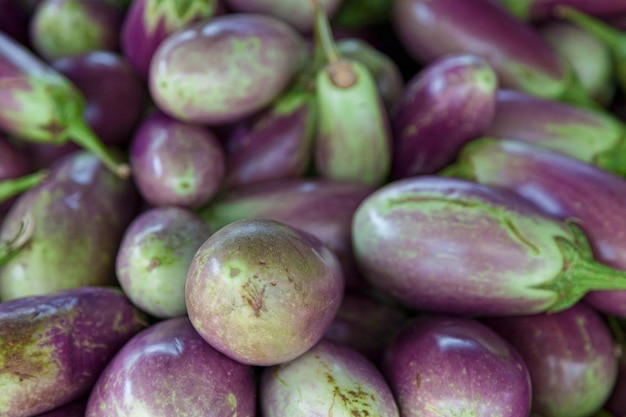 Pila de berenjenas en un puesto en el mercado