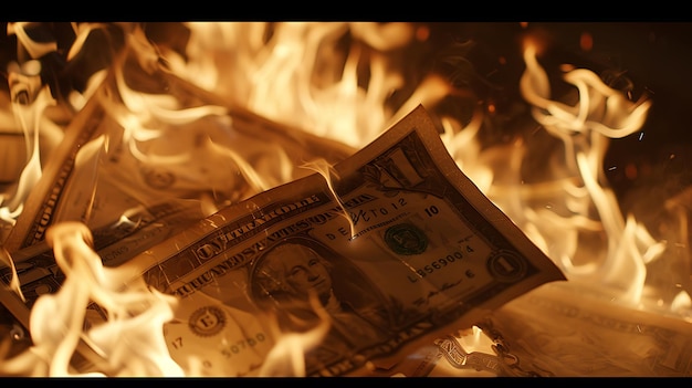 Foto una pila de billetes de dólar está en llamas
