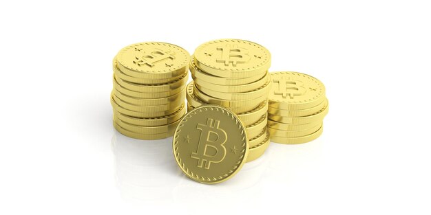 Pila de bitcoins en ilustración 3d de fondo blanco
