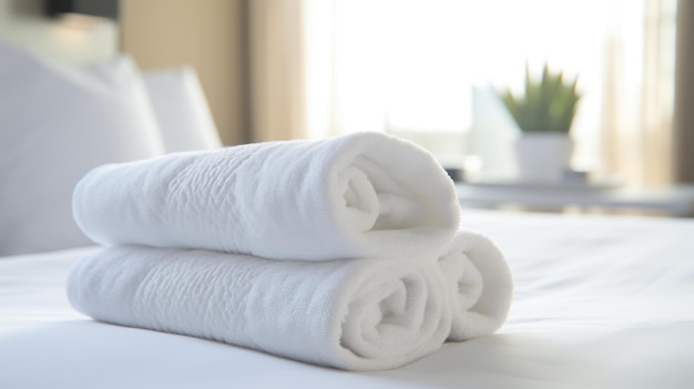 una pila blanca de toallas en el cuarto de hotel de cerca