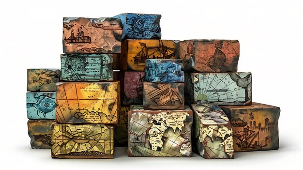 Foto una pila de bloques de piedra toscos y desgastados con símbolos grabados y pintados mapas y criaturas marinas en sus superficies