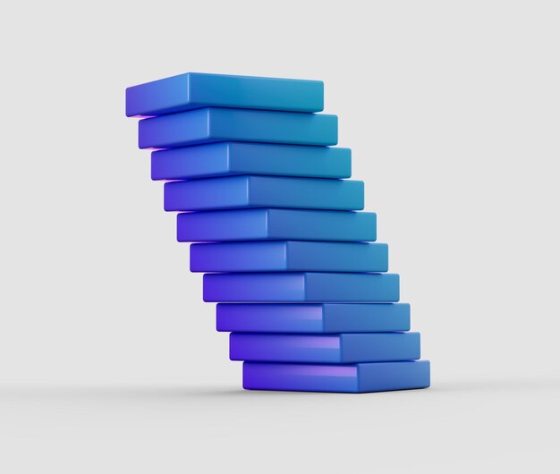 Una pila de bloques rectangulares azules ligeramente desplazados para crear un efecto de torre inclinada Ilustración 3D