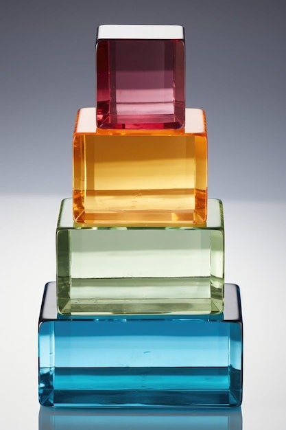 Una pila de bloques de vidrio de colores sentados uno encima del otro