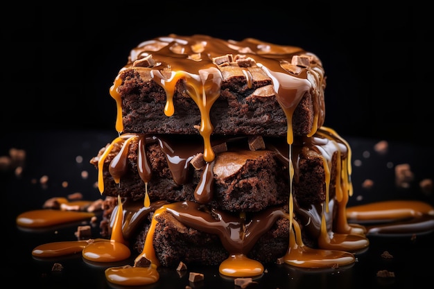 Pila de brownie con un chorrito de caramelo