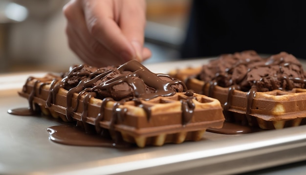 Una pila de brownies de chocolate oscuro hechos a mano en un plato generado por la IA