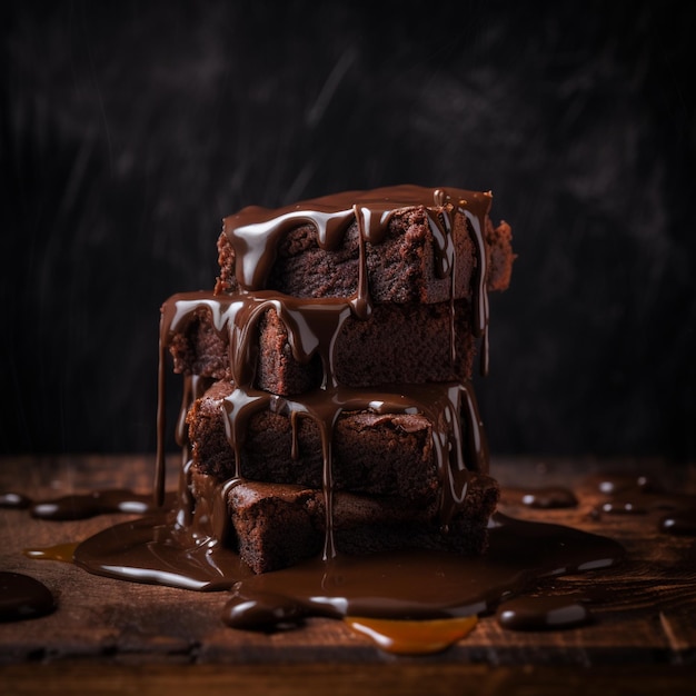 Una pila de brownies con salsa de caramelo encima