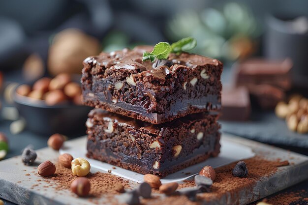 Una pila de brownies sentados en la parte superior de un plato blanco al lado de nueces y una taza de café una foto de stock