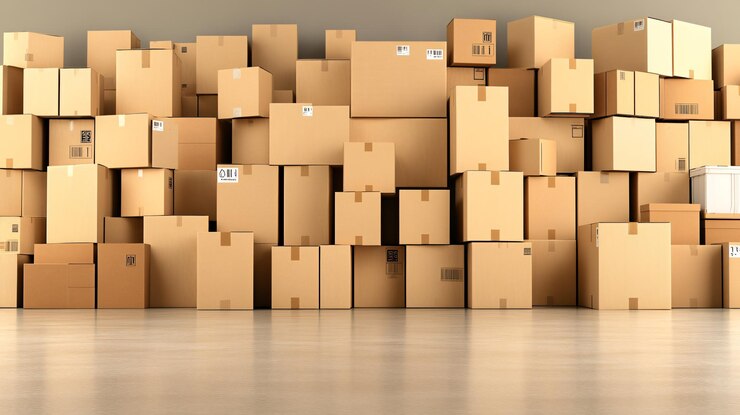 Una pila de cajas de cartón en un almacén