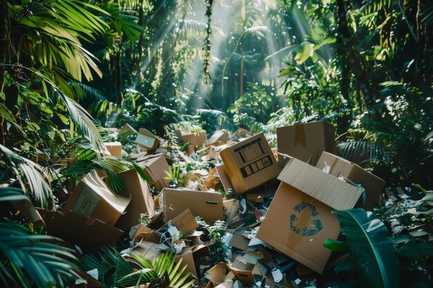 Una pila de cajas de cartón está esparcida en una jungla