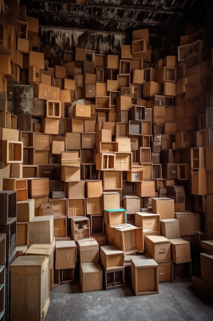 Pila de cajas de cartón en estanterías en almacén creadas con ai generativo