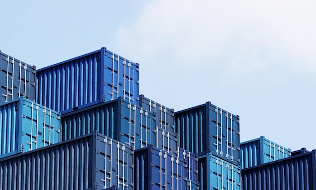 Pila de cajas de contenedores azules con fondo de cielo Envío de carga para logística de importación y exportación Concepto de negocio y transporte Representación de ilustración 3D