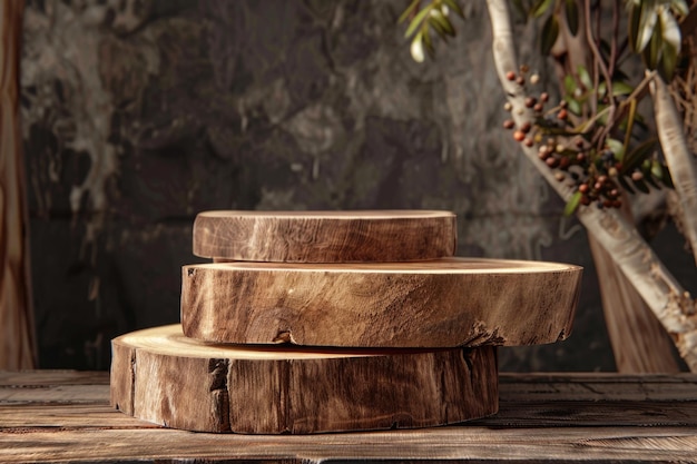 una pila de cajas de madera con un árbol en el fondo