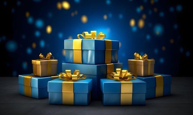 Una pila de cajas de regalo azules y doradas Paquetes de regalo IA generativa