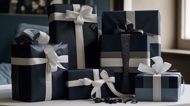 Una pila de cajas de regalo negras y plateadas con cintas blancas y una cinta blanca.