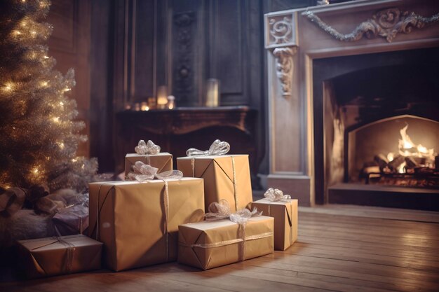 Una pila de cajas de regalos de Navidad envueltas con arcos se encuentra al lado de la chimenea decorada Sala festiva decorada con guirnaldas brillantes en el interior de la casa feliz año nuevo Feliz Navidad generada por la IA