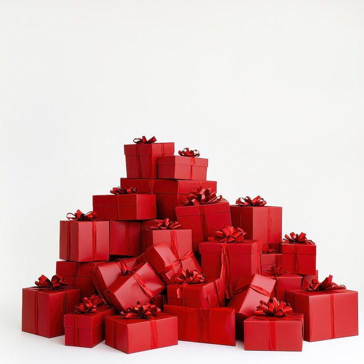 una pila de cajas de regalos rojas con un fondo blanco
