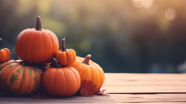 una pila de calabazas en un fondo exterior borroso