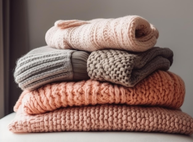 Pila de cálidos y acogedores suéteres de punto para mujer Acogedora ropa de otoño o invierno Fondo