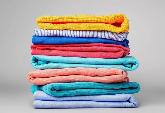 Foto una pila de camisas coloridas con una que dice 