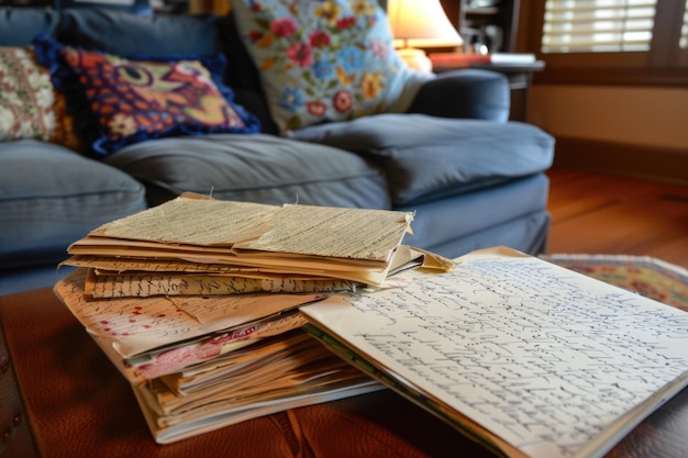 Una pila de cartas personalizadas en cascada sobre una mesa de madera creando una pintoresca escena de correspondencia íntima