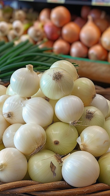 Una pila de cebollas blancas crudas en el mercado al lado de la tienda de comestibles