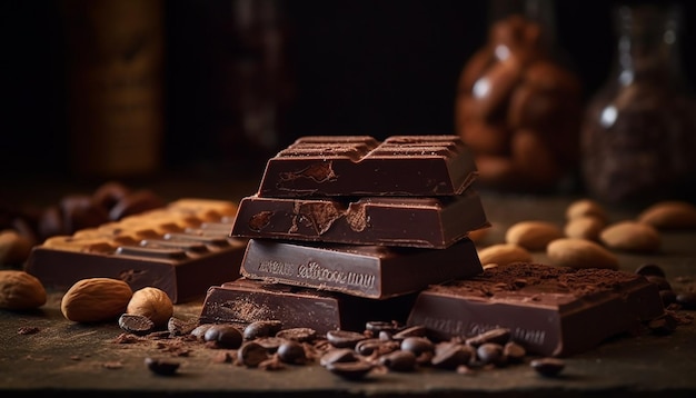 Pila de chocolate oscuro rota en una mesa rústica generada por IA