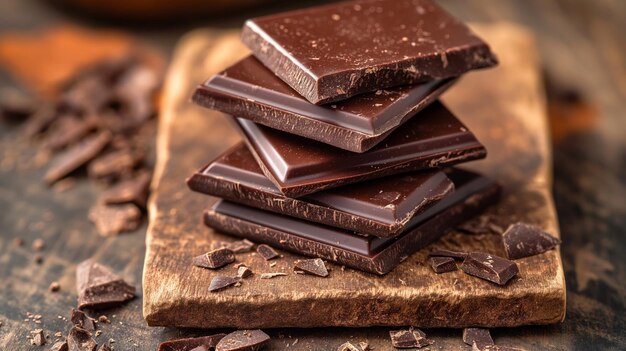 una pila de chocolates oscuros en una tabla de madera